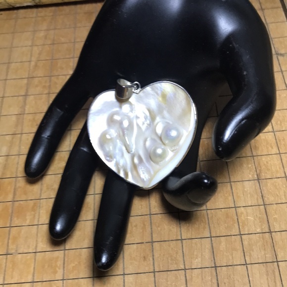 Blister Pearl Heart Big Pendant 2 1/16”Hx2"W Silver Tone Frame, Bale Organic EVC - Picture 3 of 8